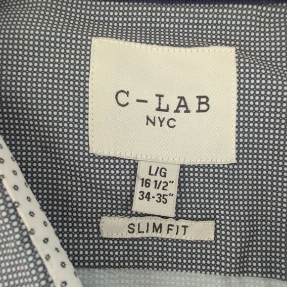 C-Lab NYC Shirt Size Large 16 1/2 Blue Patterned Slim Fit Button Front Career - Picture 4 of 7